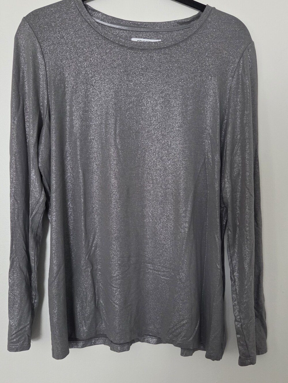 Chico's Size 2 Large Metallic Shimmer Long Sleeve Top - Gray Silver